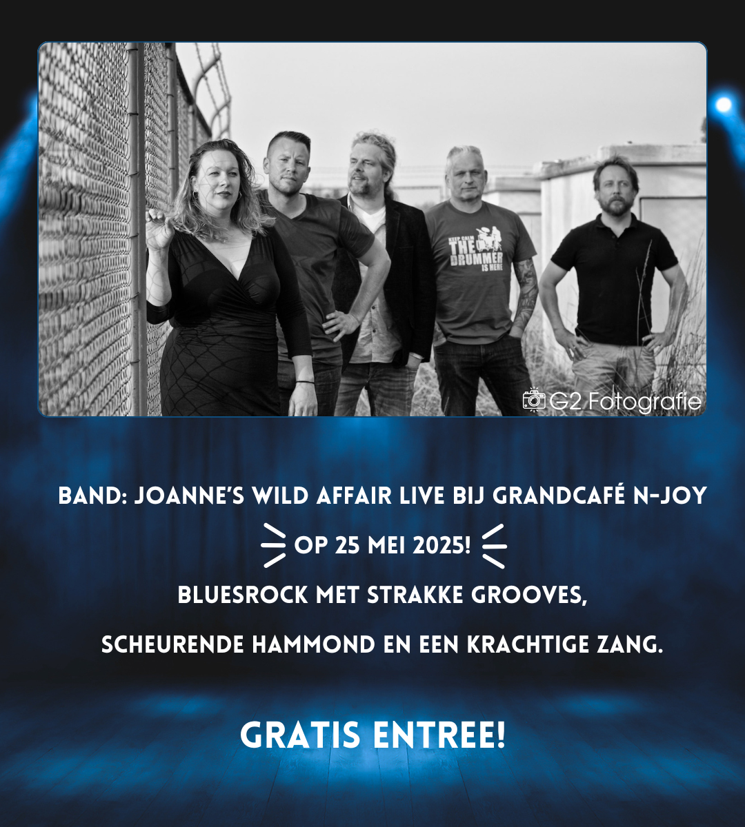 Joanne’s Wild Affair live bij Grandcafé N-Joy op 25 mei 2025! Bluesrock met strakke grooves, scheurende Hammond en een krachtige zang. Gratis entree!